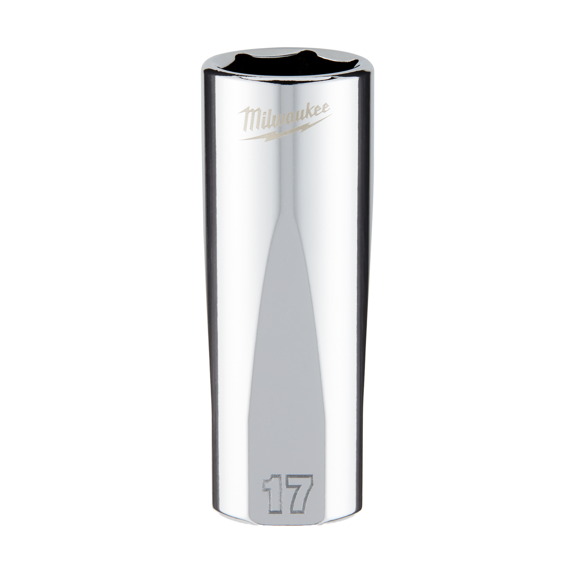 17mm deep chrome socket with four flat sides, part of Milwaukee hand tools for woodworking and home improvement collections