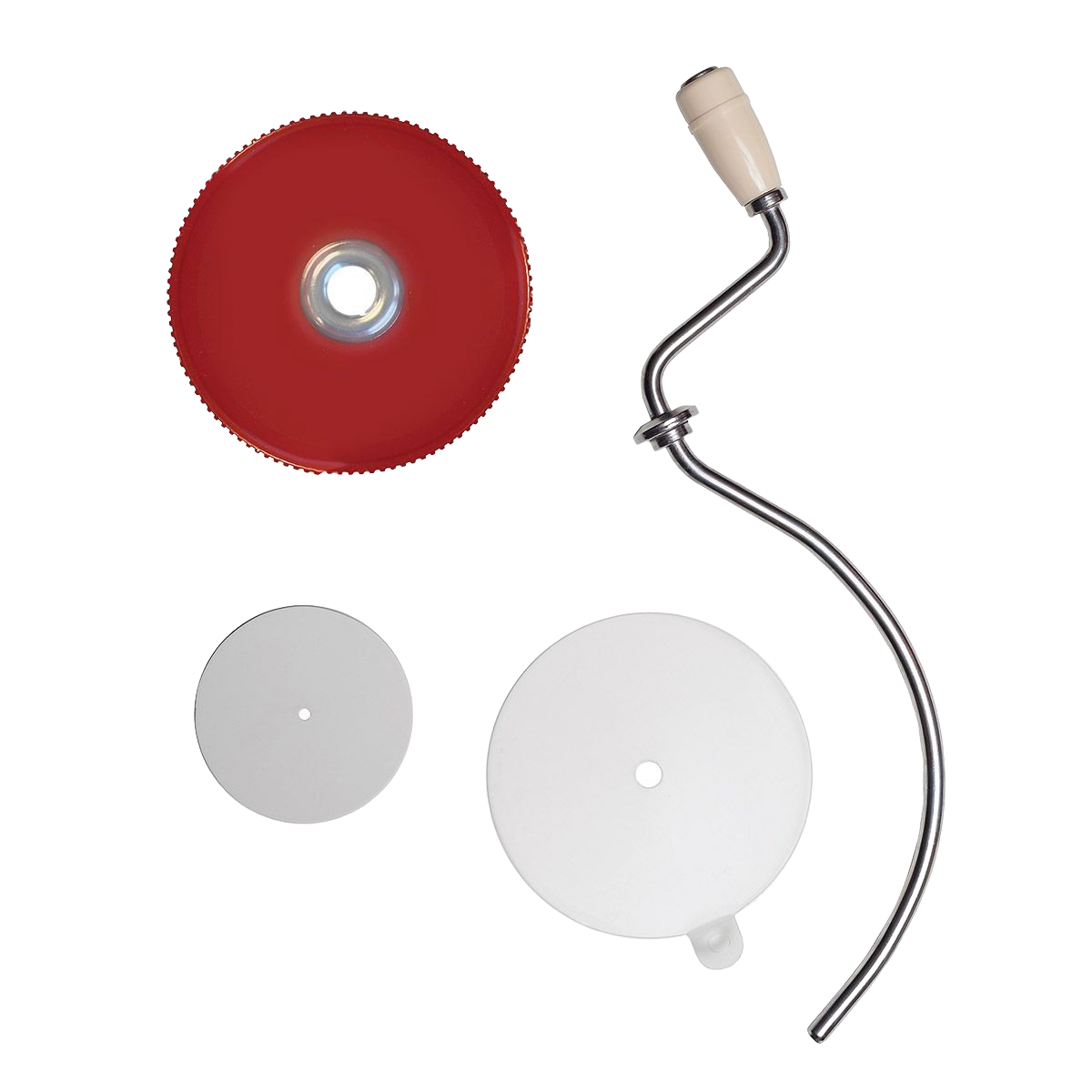 Disassembled old fashioned peanut butter stirrer with red top, white handle, and metal crank in Kitchen Utensils collection