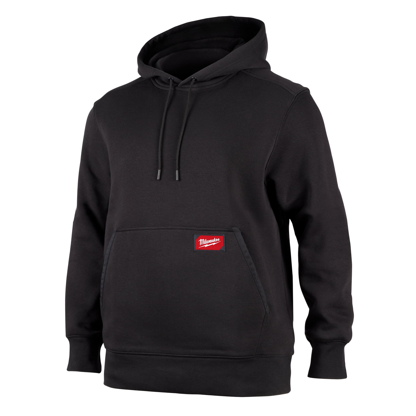 Black pullover hoodie with front pocket and red logo patch from women's hoodies and sweatshirts under $100 collection