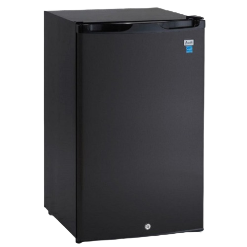 Compact black counterhigh refrigerator with single door, lock feature, and simple design for kitchen and appliance use