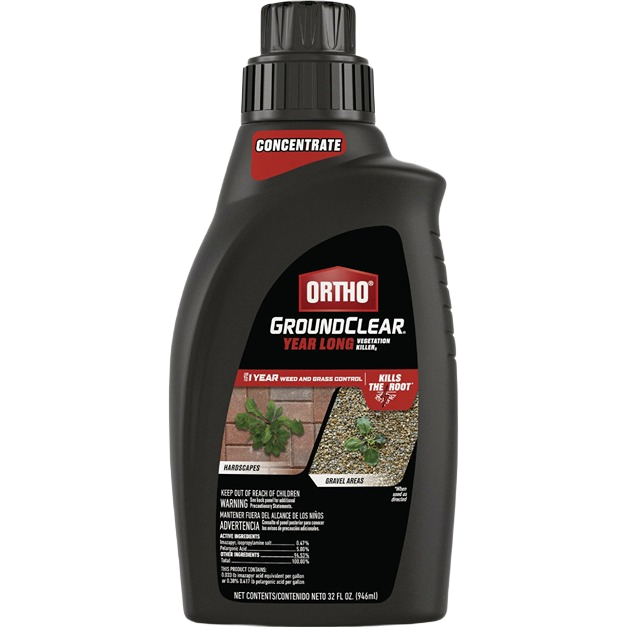 Black Ortho GroundClear concentrate bottle for year-long weed and grass control in lawn and garden care collection