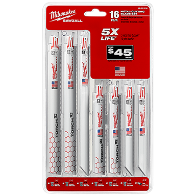 Set of 16 metal cutting SAWZALL® blades in varied sizes with red and white Milwaukee packaging for tools and home improvement use