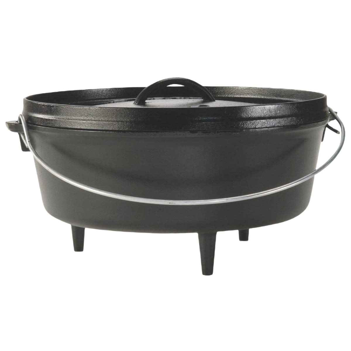 Black cast iron camp Dutch oven with three legs, lid handle, and metal bail handle for outdoor Kitchenware use