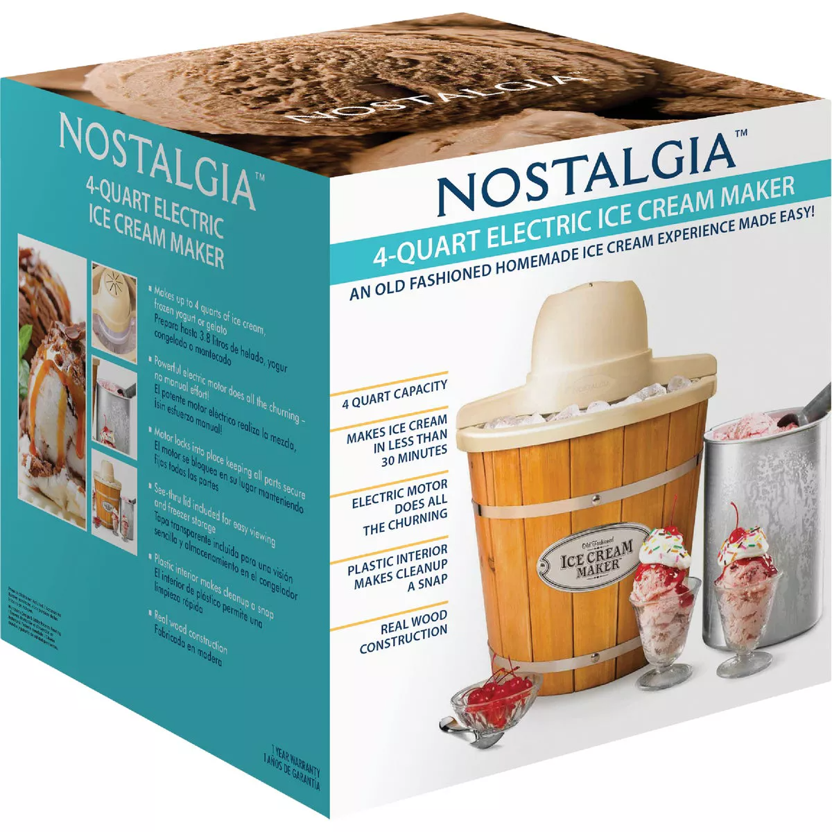 Electric ice cream maker with wooden bucket design, plastic interior, and motor, part of small kitchen appliances collection