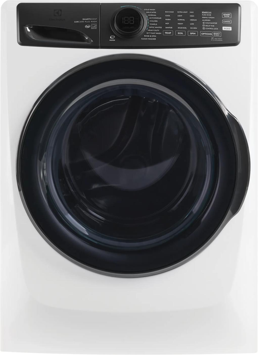 white front load washer with large dark tinted door and digital control panel, part of washers and dryers collection