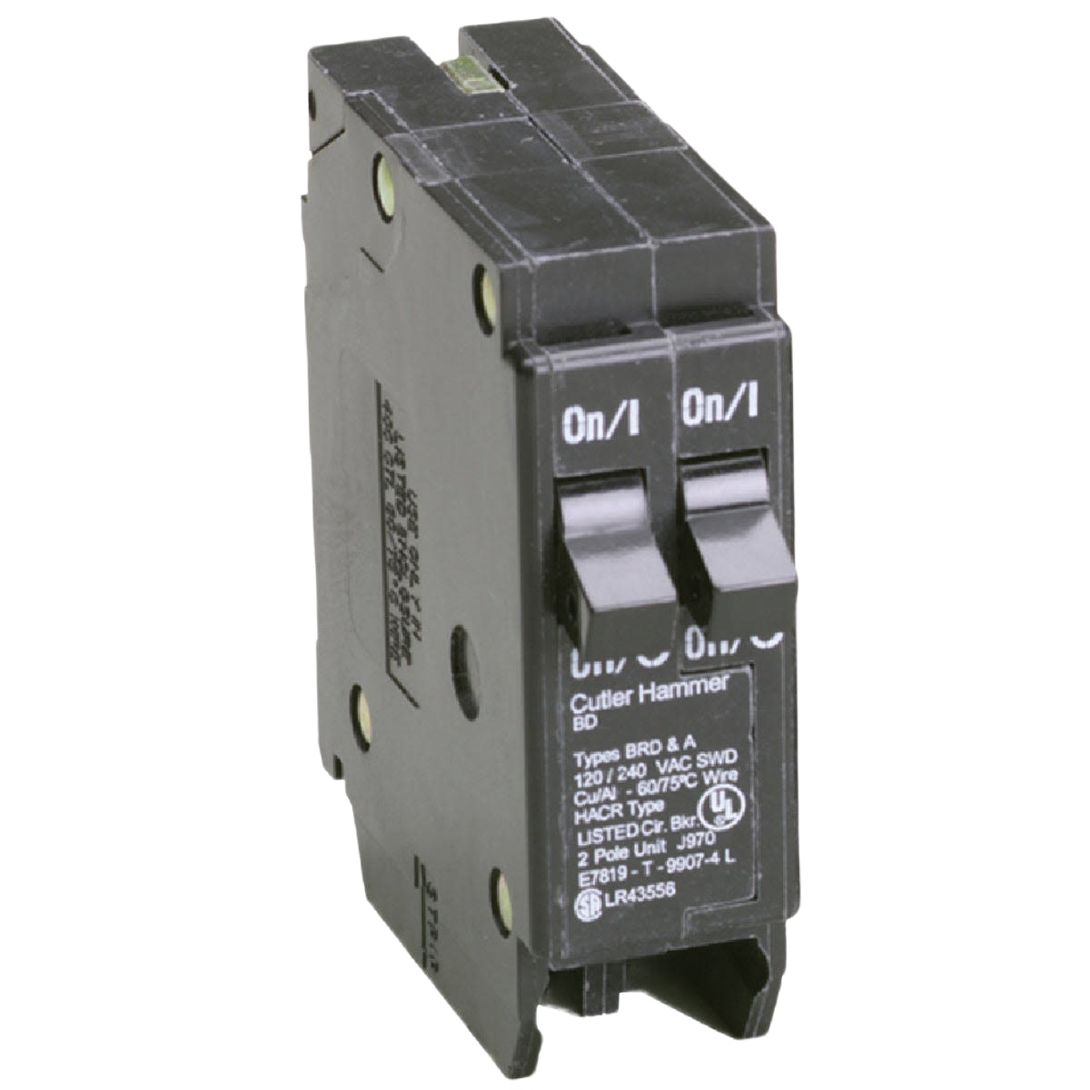 Black double-pole circuit breaker with two switches for home electrical panel and safety applications