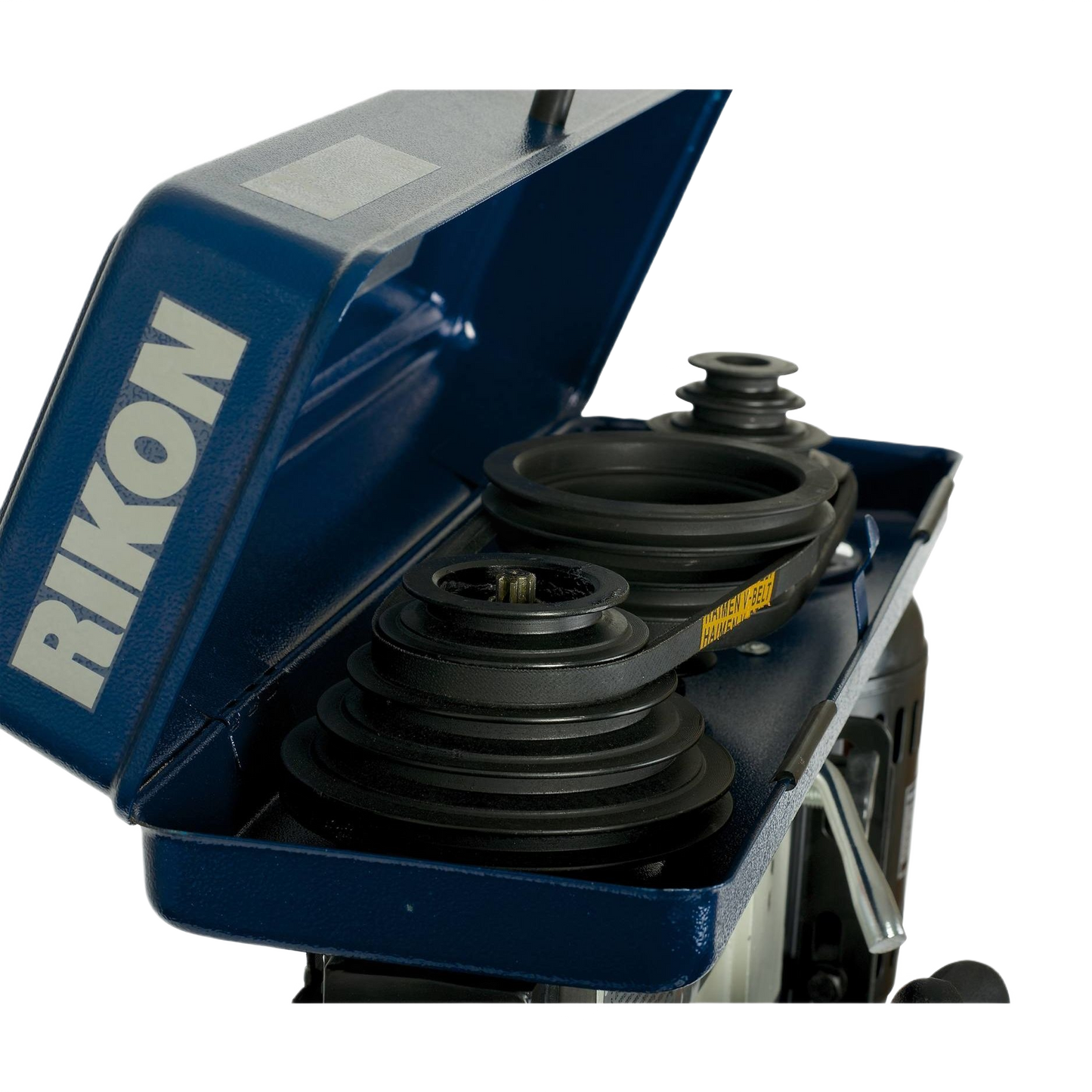 Blue metal belt cover with adjustable pulleys for speed control on a bench drill press in home improvement use