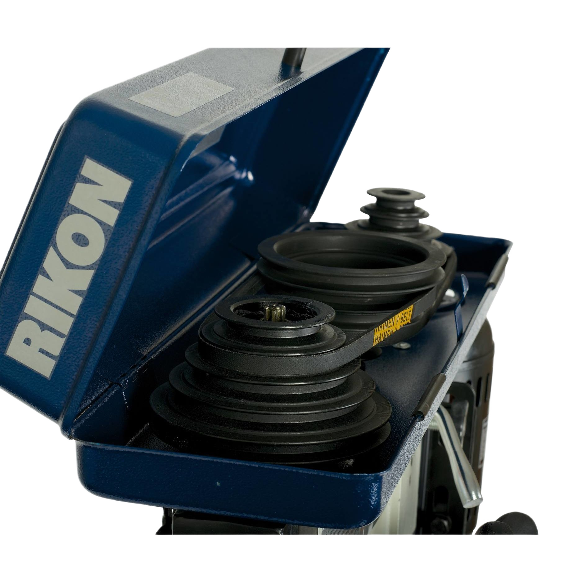 Blue metal belt cover with adjustable pulleys for speed control on a bench drill press in home improvement use