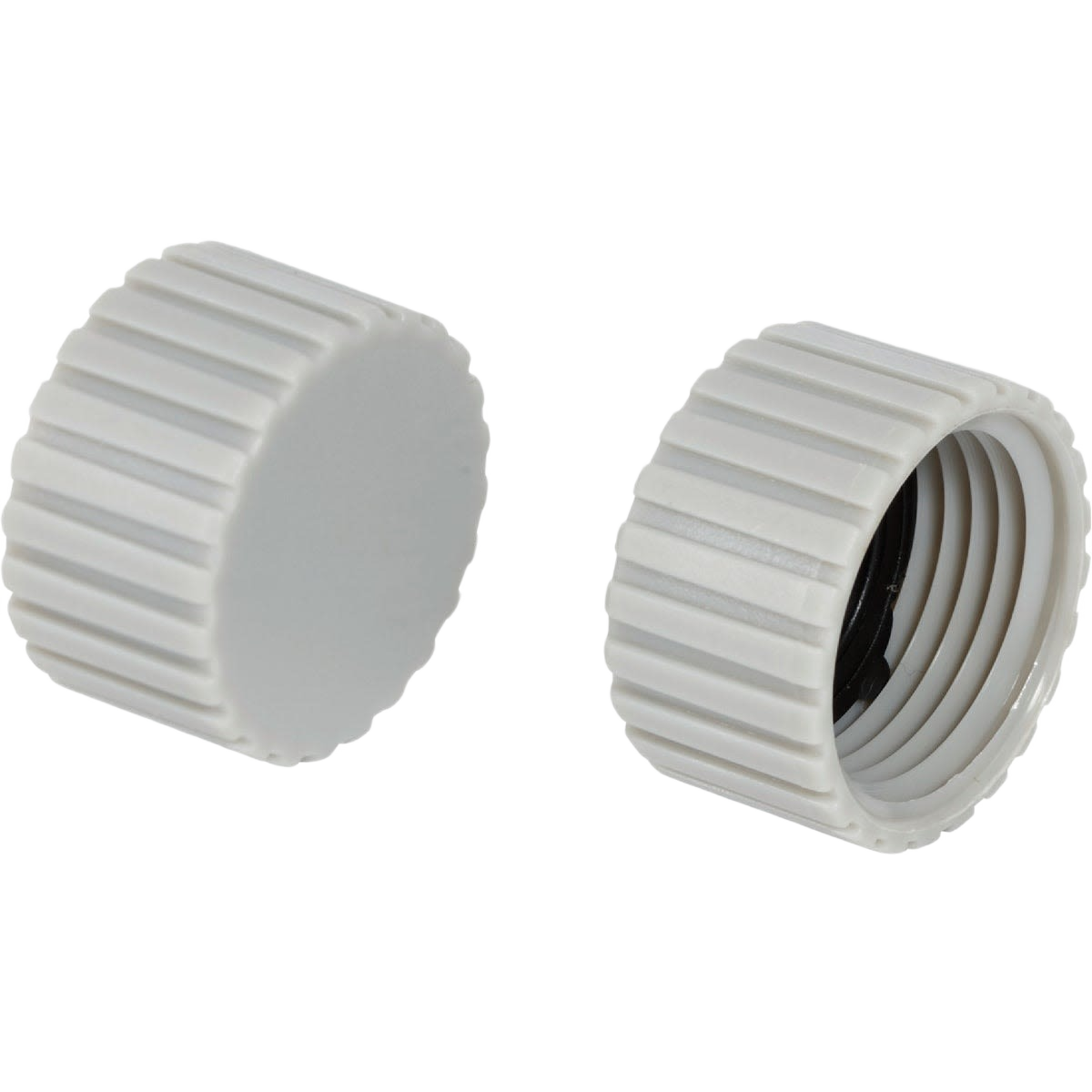 Two white ribbed poly hose end caps with threaded interior for watering and irrigation tools in lawn and garden collections