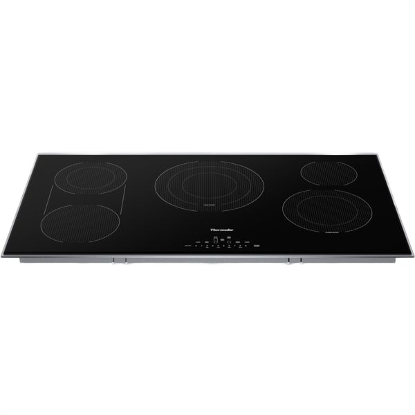 Thermador black electric cooktop with five cooking elements, touch controls, and surface mount frame for kitchen appliances