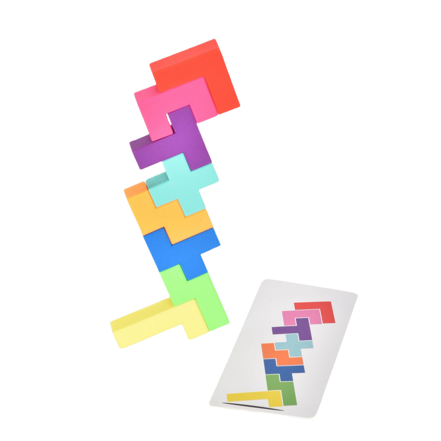 Colorful interlocking puzzle pieces arranged vertically next to a card showing the assembled pattern for visual reference