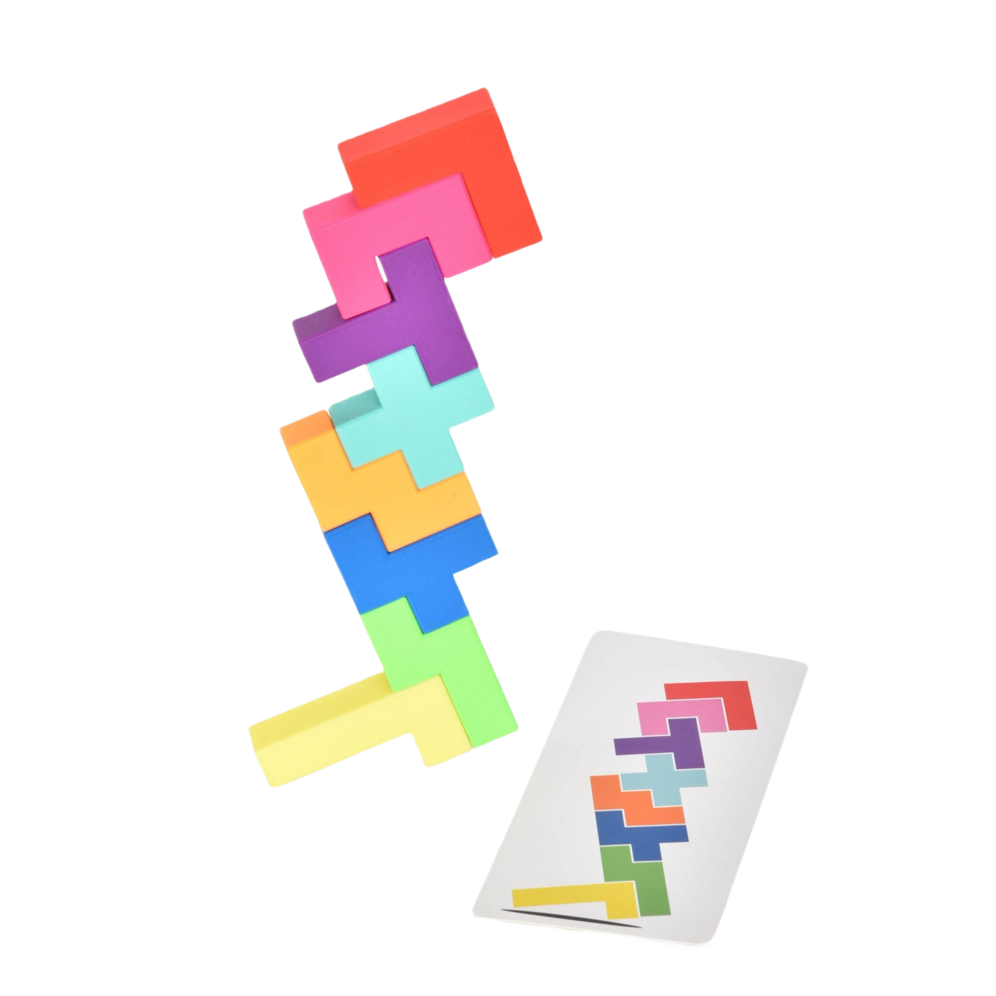 Colorful interlocking puzzle pieces arranged vertically next to a card showing the assembled pattern for visual reference