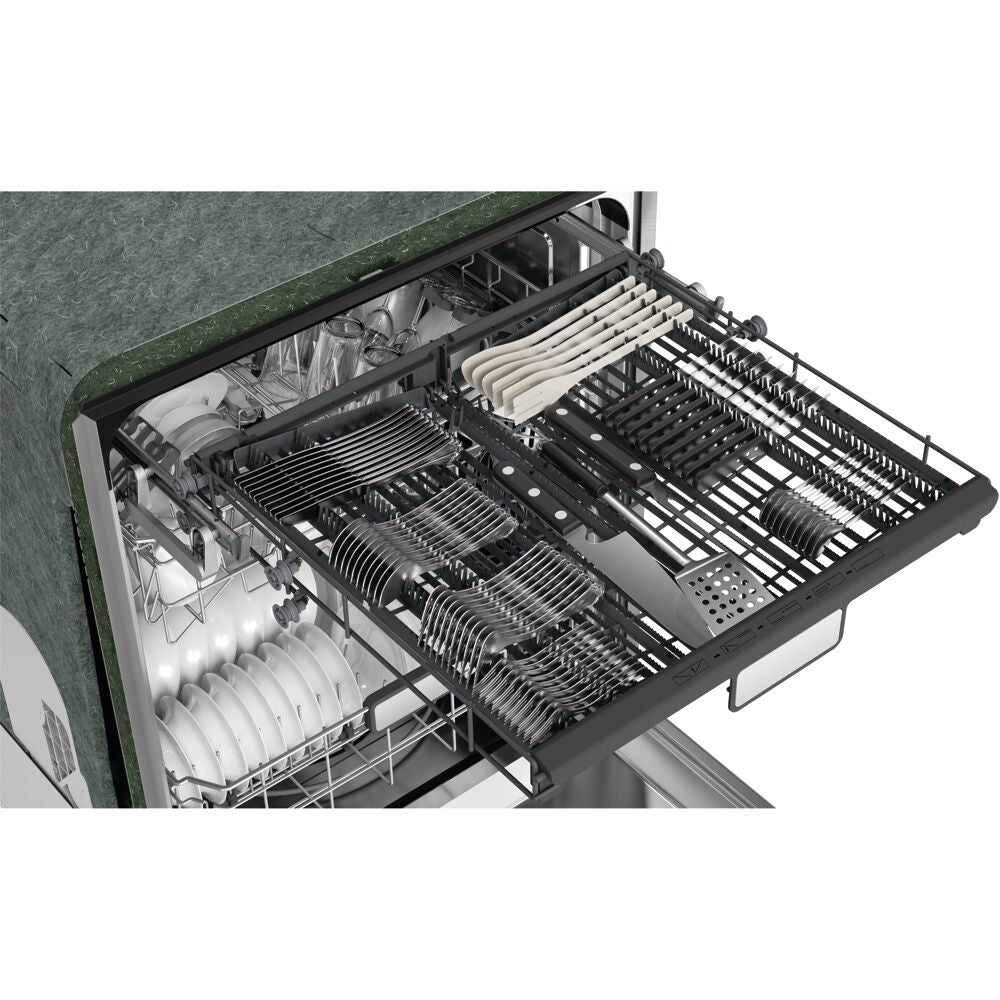 Top rack view of a stainless steel dishwasher filled with hanging utensils, plates, and glassware in kitchen appliance setting