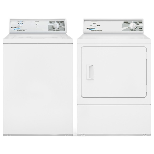 White commercial top load washer and matching dryer with manual control dials, part of washers and appliances collections at Hartville Hardware
