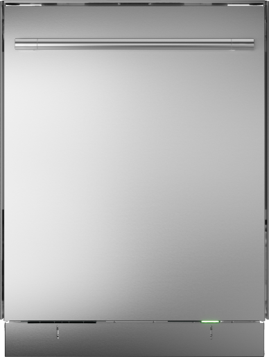 Front view of a stainless steel dishwasher with horizontal handle and green status indicator light in appliances collection