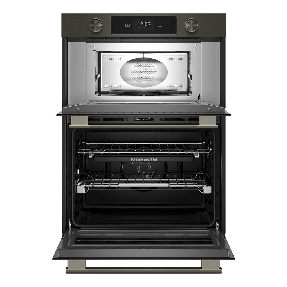 Black ore smart electric combo wall oven with open doors, LED display, and interior racks from KitchenAid appliances collection