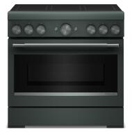 Matte black freestanding 36-inch induction range with six burners and large oven window for home improvement tools
