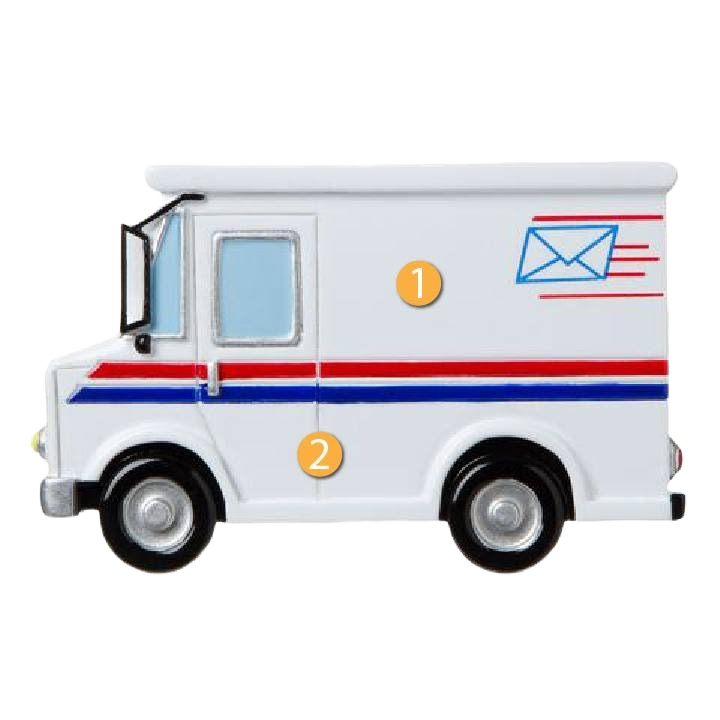 White postal delivery truck ornament with red and blue stripes, mail envelope graphic, Christmas decoration under $50