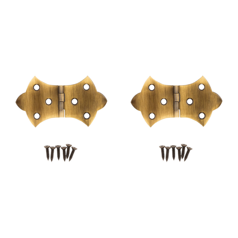 Pair of antique brass decorative hinges with curved edges and mounting screws for home improvement hardware projects under $50 collection