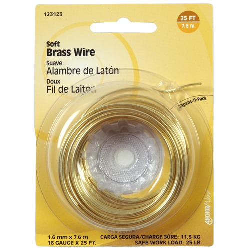 Coiled soft brass wire on a clear plastic spool in yellow packaging for tools and home improvement use