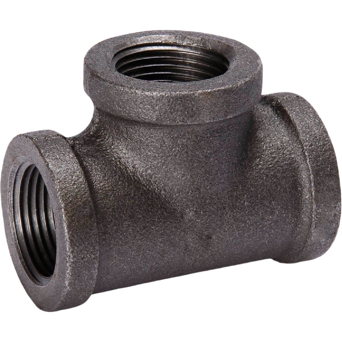 Black malleable iron tee fitting with threaded connections for plumbing in pipes and fittings under $50 collection