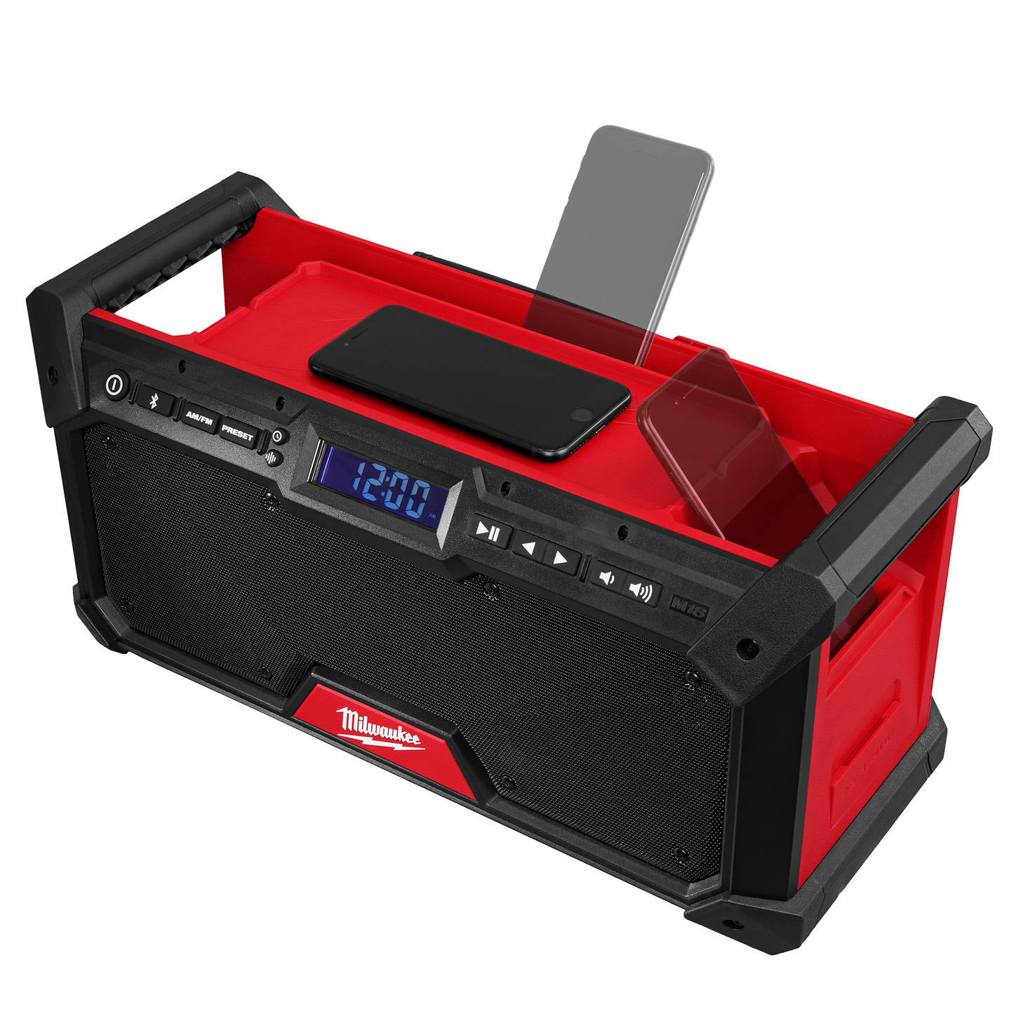 Red and black Milwaukee M18 Bluetooth jobsite radio with digital clock, control buttons, and phone holders for tools and home improvement tasks