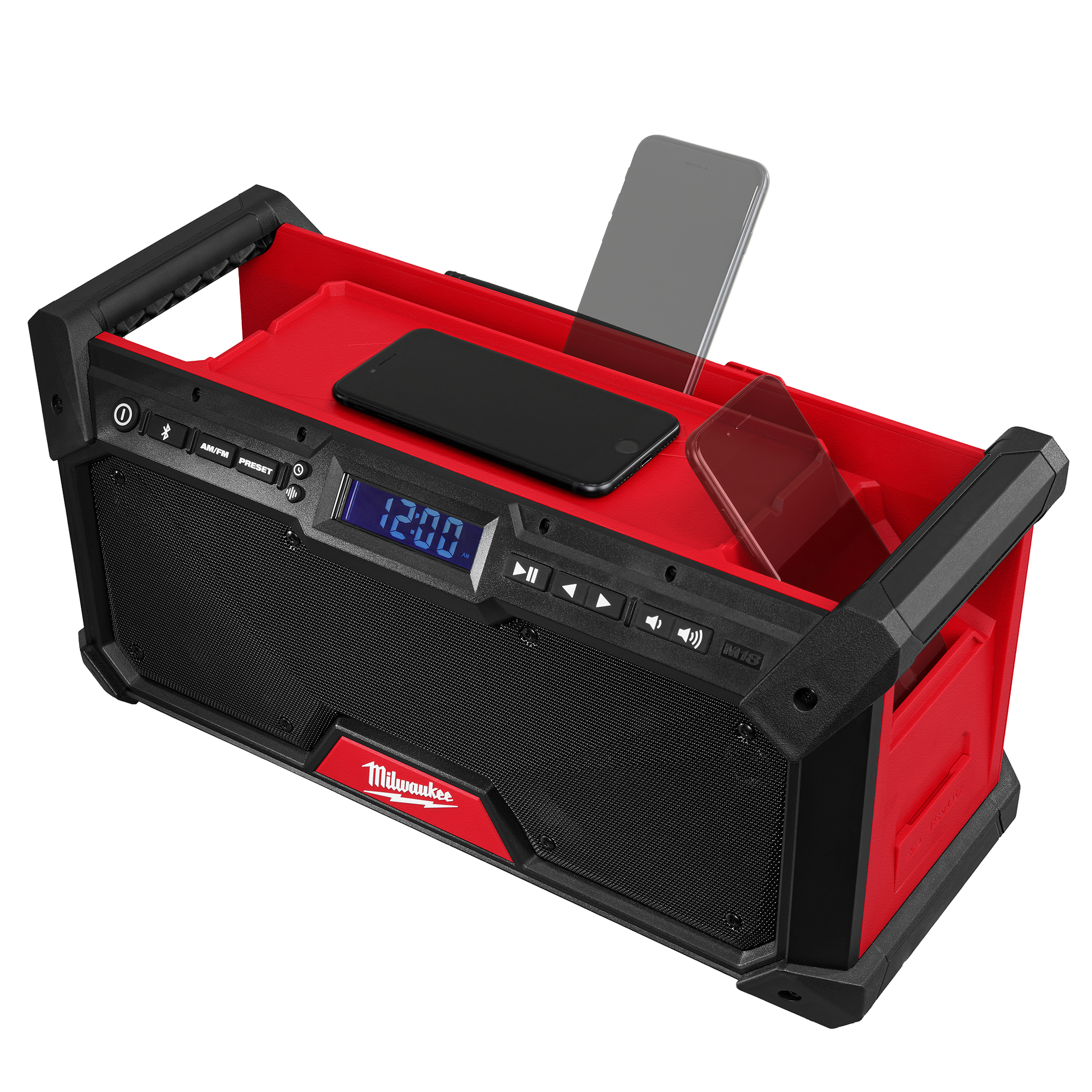 Red and black Milwaukee M18 Bluetooth jobsite radio with digital clock, control buttons, and phone holders for tools and home improvement tasks