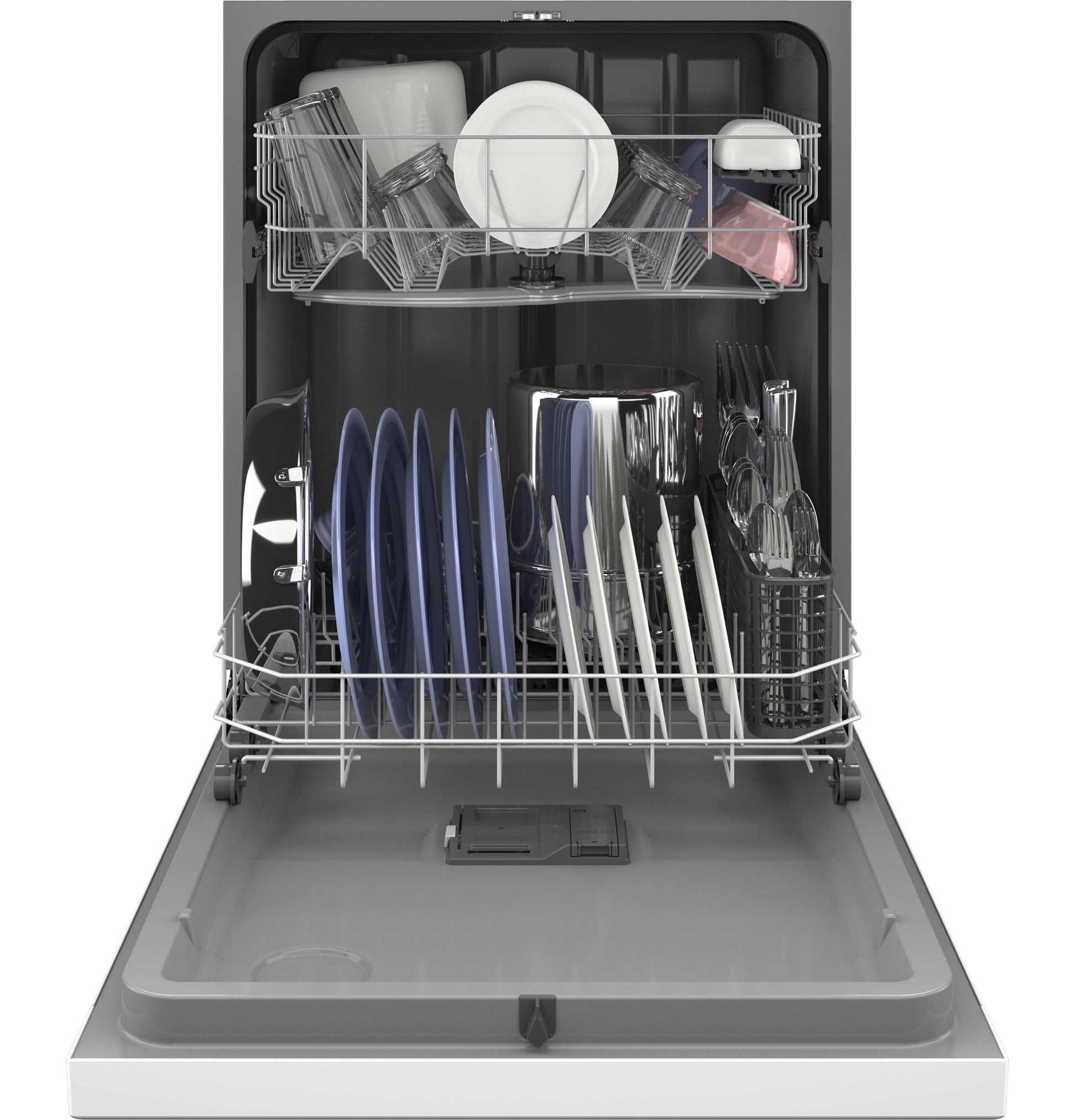 Open GE ENERGY STAR dishwasher with front controls showing loaded upper and lower racks in kitchen appliances setting