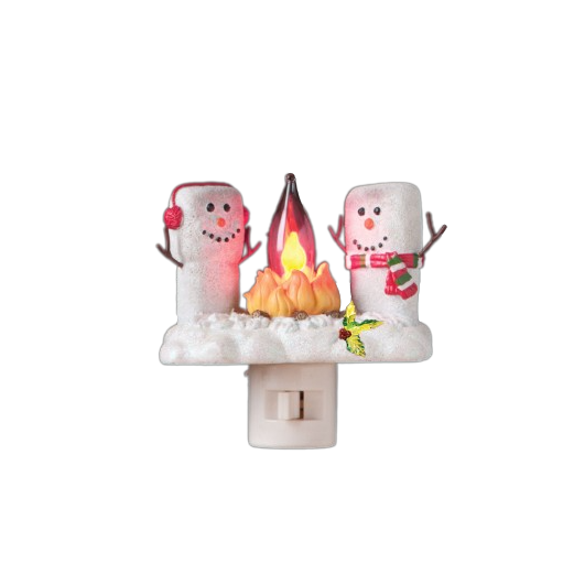 Festive nightlight featuring two marshmallow snowmen with accessories around a glowing campfire for Christmas Lights collection under $50