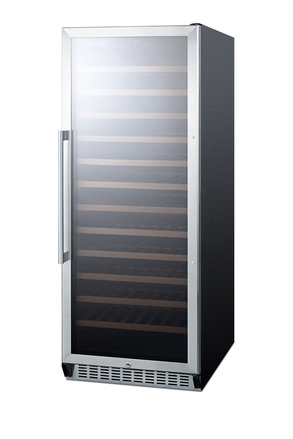 Mid-sized wine cellar with stainless steel frame, glass door, and multiple wooden slide-out shelves for bottle storage