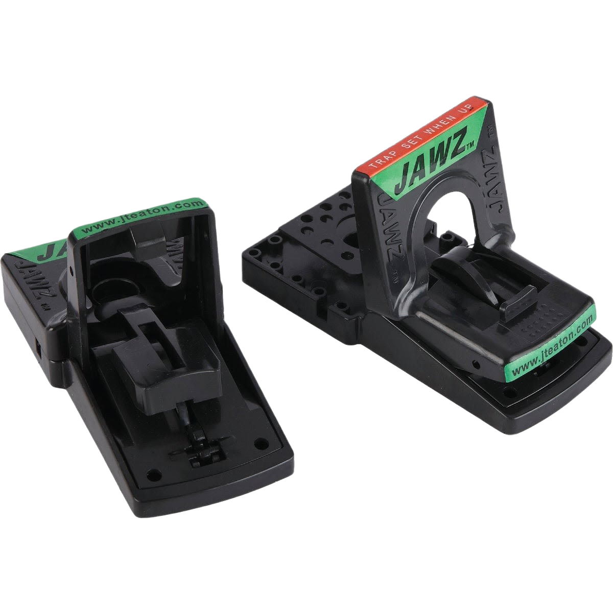 Two-pack of black plastic mechanical mouse traps with spring-loaded jaws for rodent control in home and garden use
