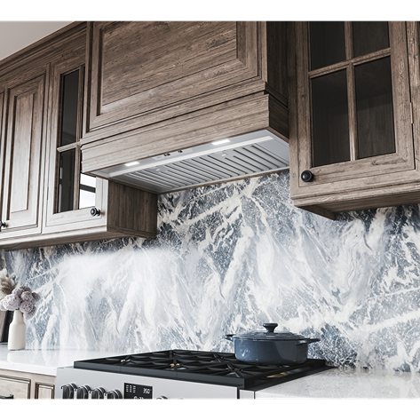 Under-cabinet stainless steel range hood with LED lighting and hybrid baffle filters in kitchen appliances and home improvement collections