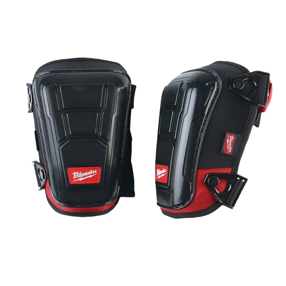 Pair of black and red performance knee pads with molded protective caps for safety and comfort in hardware use