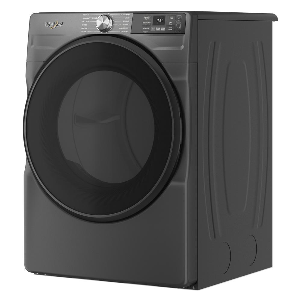 Dark gray smart front load electric dryer with digital display and control knob in modern appliance setting