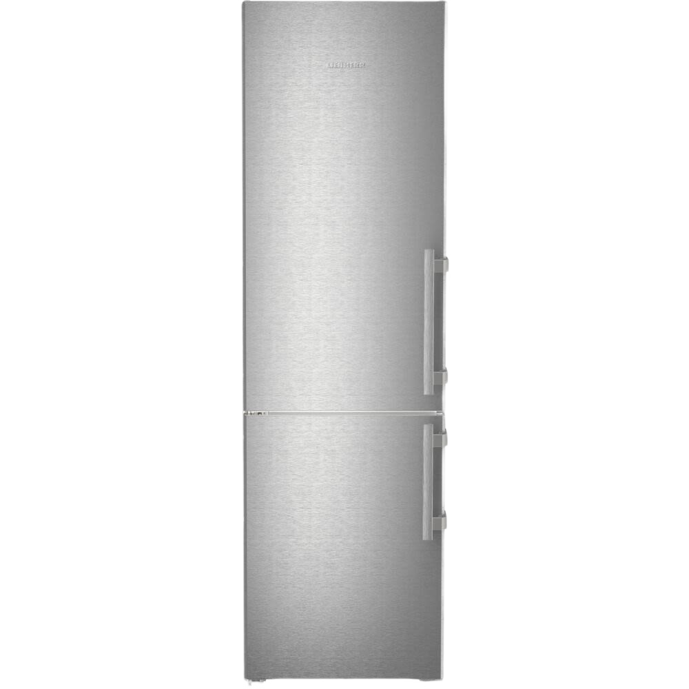 Freestanding stainless steel refrigerator and bottom freezer with left hinge handles in kitchen appliances collection
