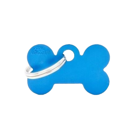 Small blue bone-shaped pet ID tag with attached silver key ring for collar identification use