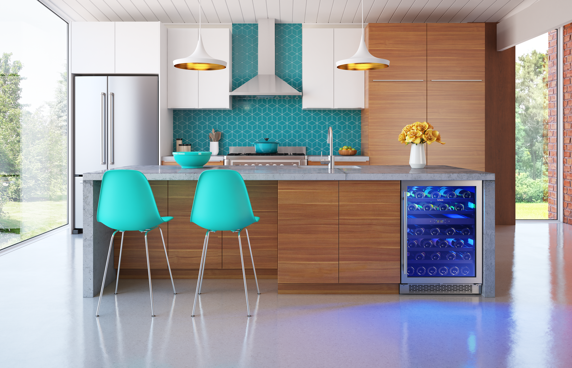 Modern kitchen featuring a wood-paneled island with built-in stainless steel and glass wine cooler, turquoise backsplash, and bright natural lighting, part of Refrigerators, Kitchen & Kitchenware, Beverage Centers, Appliances collections.