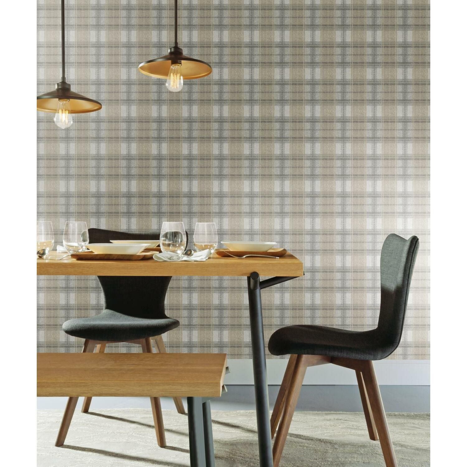 Modern dining area with gray tweed plaid wallpaper, wooden table, bench, and dark upholstered chairs for home improvement