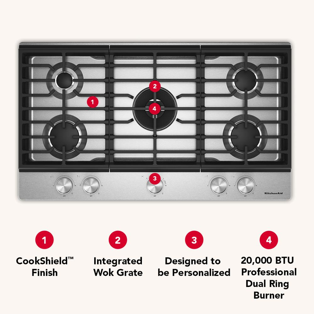 KitchenAid® 36 in. Gas Cooktop with 5 Burners and Integrated Wok Grate
