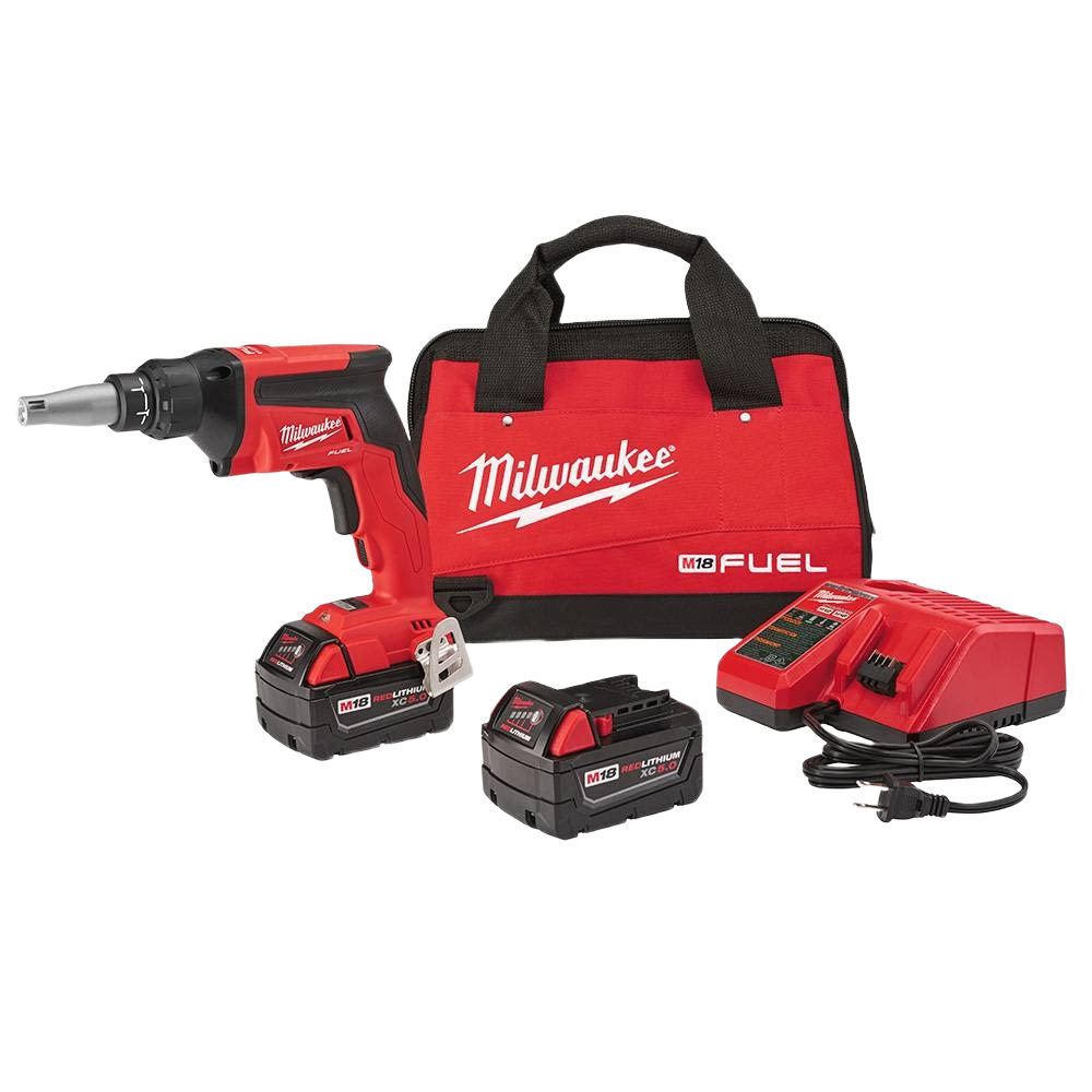 Cordless red drywall screw gun kit with two batteries, battery charger, and soft carrying case for tools and home improvement
