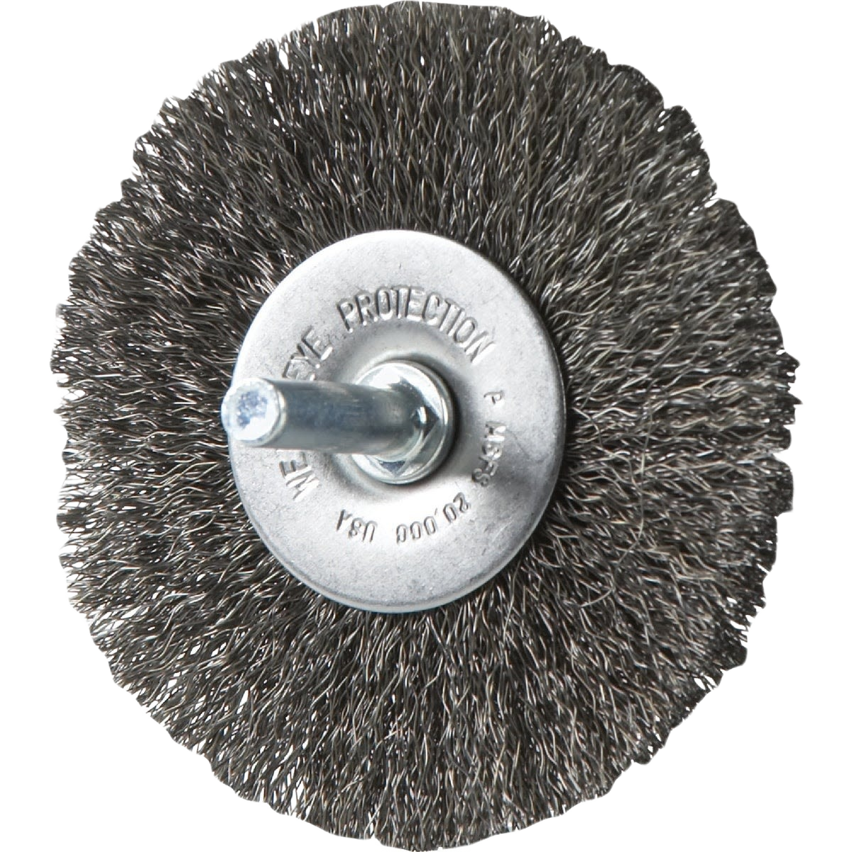 Fine crimped wire wheel brush with shank for power tool use in woodworking and home improvement accessories collections