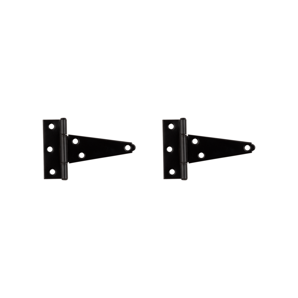 Pair of black heavy-duty 4-inch tee hinges with offset mounting holes for door hardware and home improvement projects under $50