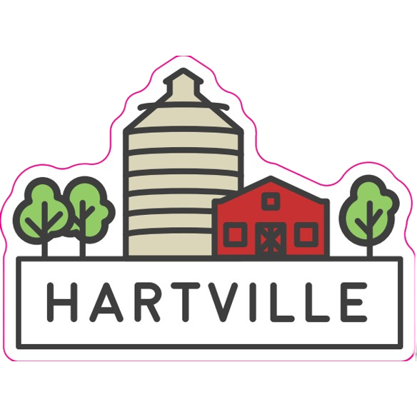 Illustrated farm logo sticker with silo, red barn, green trees, and Hartville text for outdoor decoration