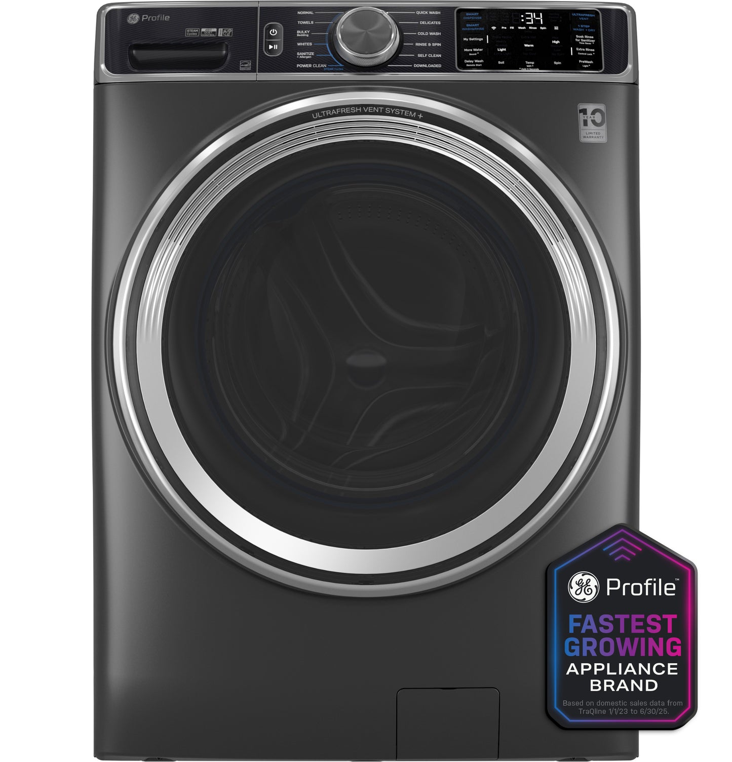 Front load black smart washer with digital control panel, UltraFresh Vent System, and ENERGY STAR label in Washers collection