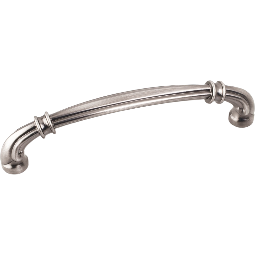 Brushed pewter zinc cabinet pull with curved design and decorative accents for hardware and furniture accessories collections