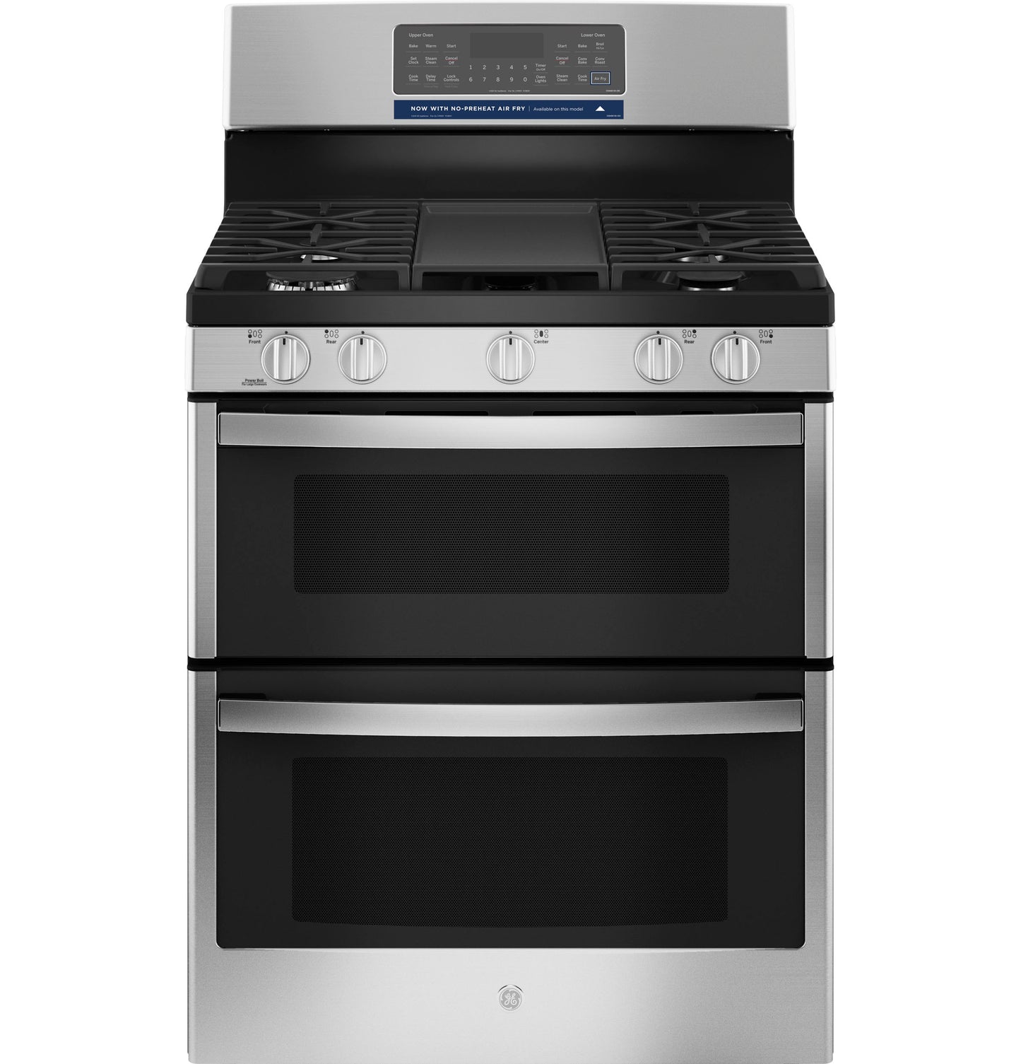 Stainless steel free-standing gas range with double ovens, five burners, and digital control panel for home improvement.
