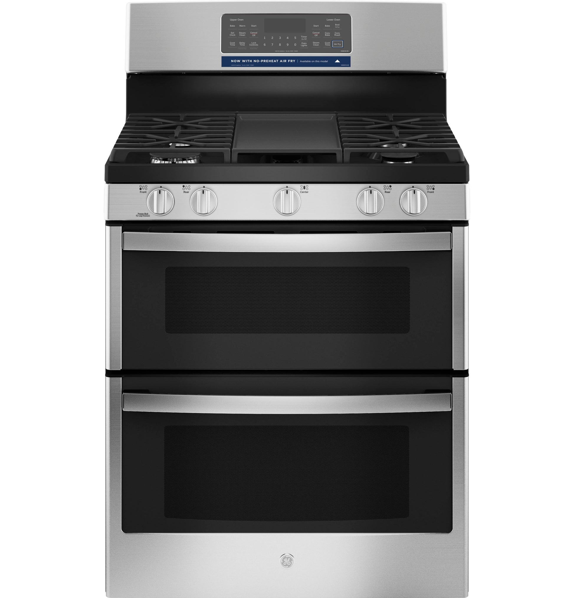 Stainless steel free-standing gas range with double ovens, five burners, and digital control panel for home improvement.