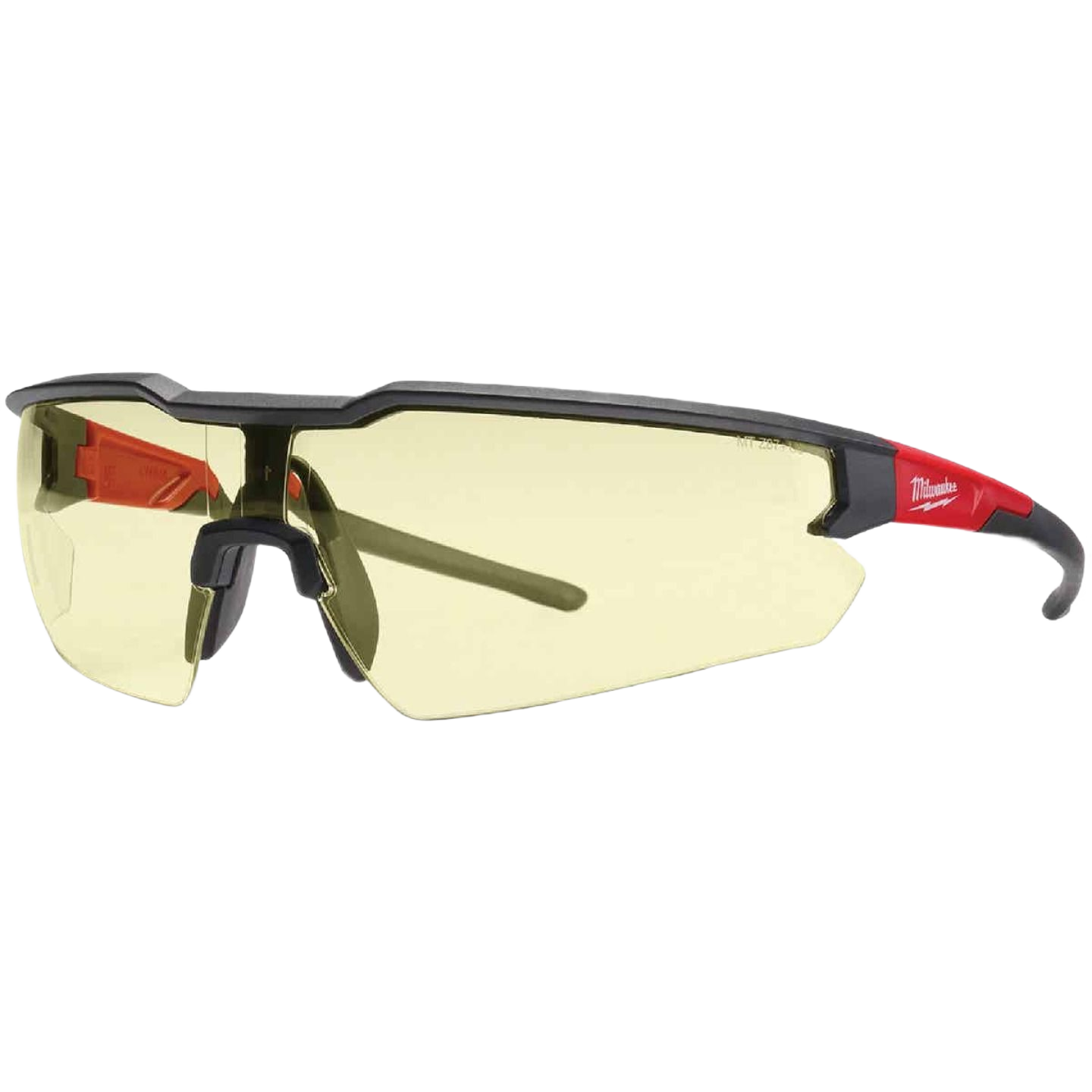 Yellow-tinted safety glasses with black and red frame designed for protective eyewear in hardware and safety collections