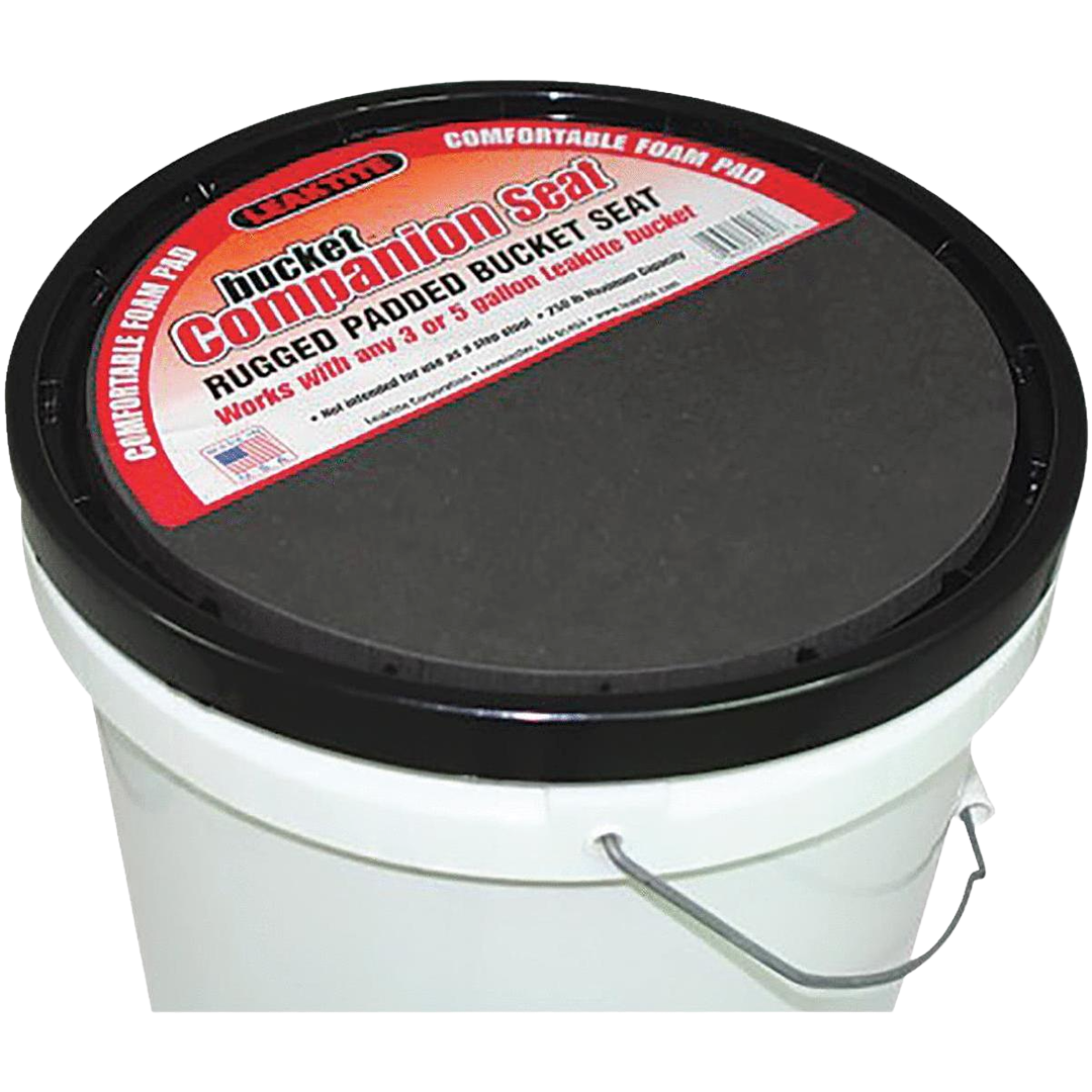 Black rugged padded foam lid on white 5-gallon bucket for comfortable seating in cleaning and paint supplies collection