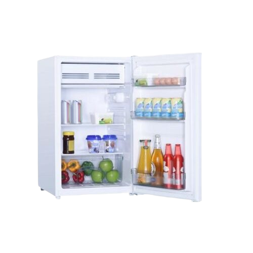 Compact white refrigerator with full-width freezer and organized beverages and fresh produce in kitchen appliances collection